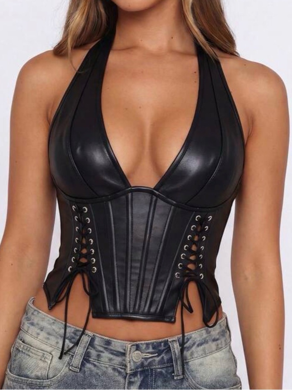 Black Faux Leather Halter Corset Crop Top